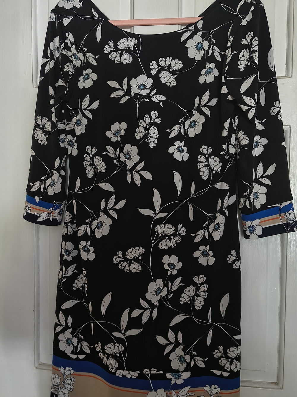 White House Black Market Black Floral Midi Dress with Blue Accents
